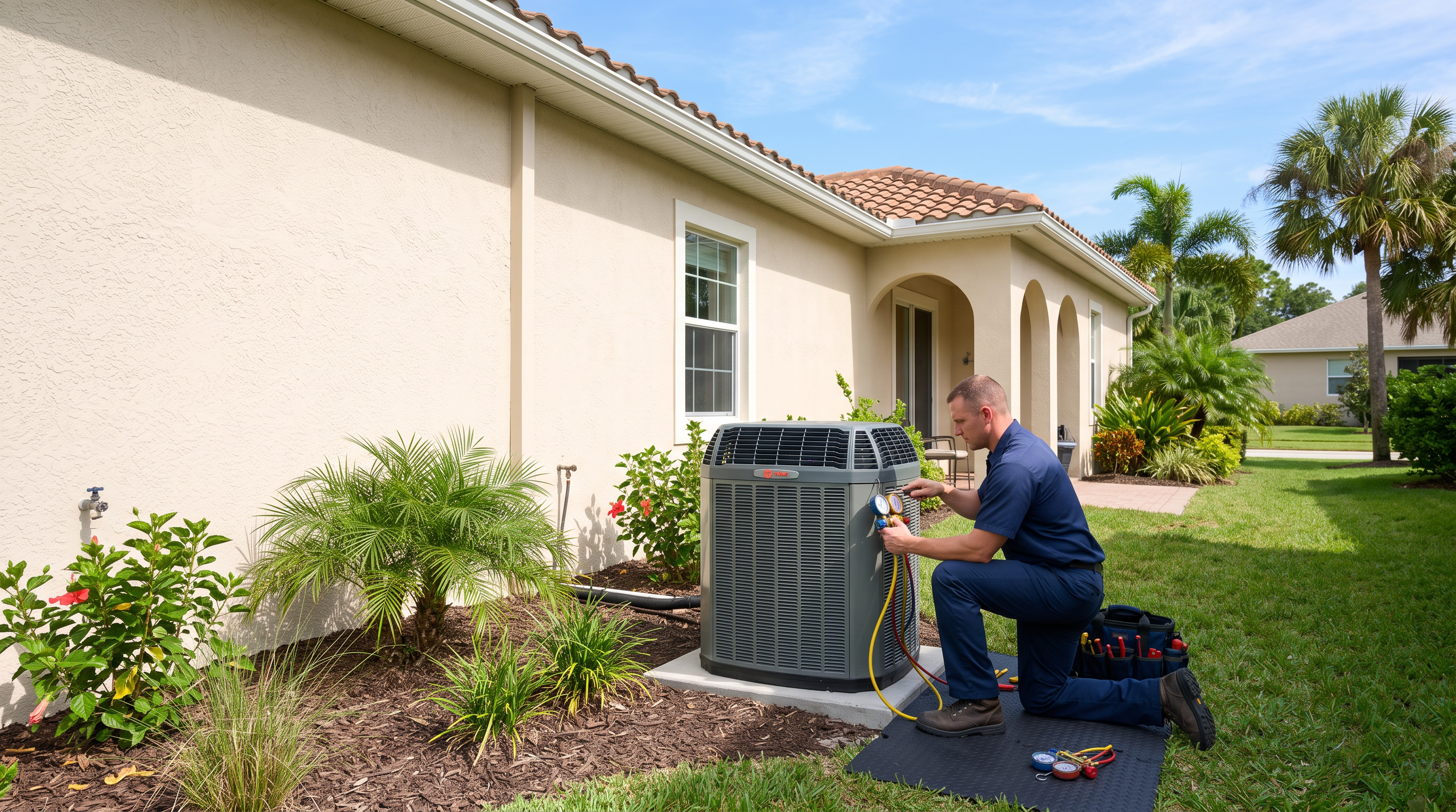 HVAC technician servicing a residential air conditioning condenser outside a Florida home